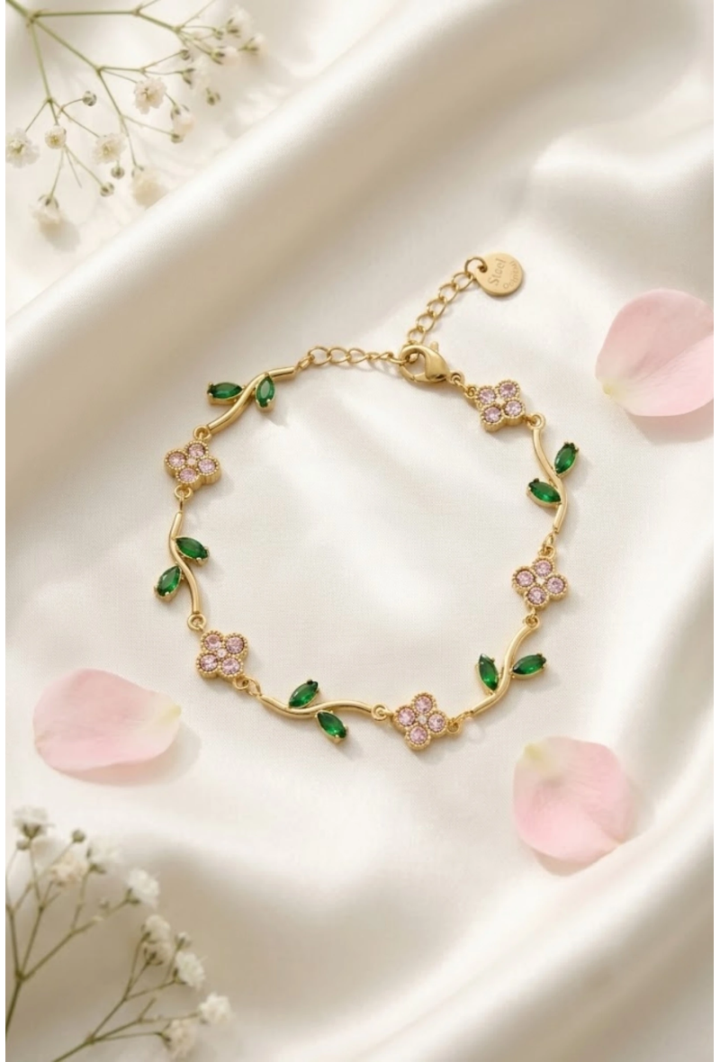 Bracelet Fleurs & Feuilles Strass – Éclat Floral