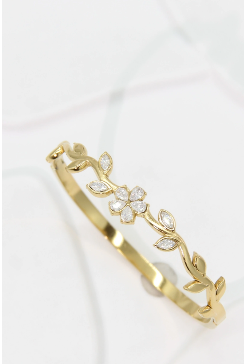 Bracelet jonc branche florale strass acier inoxydable