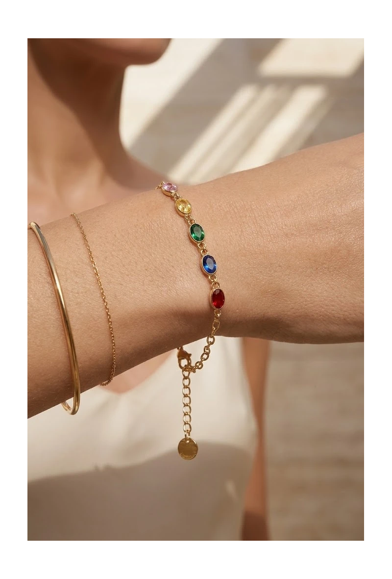 Bracelet chaîne fine pierres ovales serties acier inoxydable